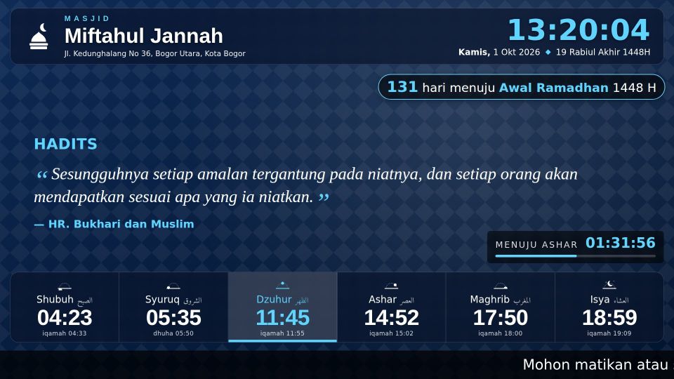 Layar masjid menampilkan hadits