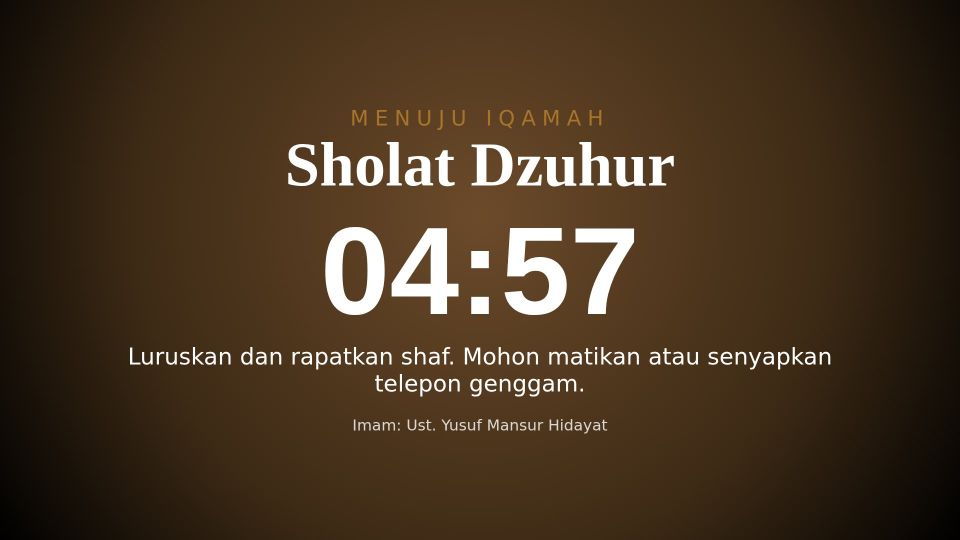 Layar masjid menampilkan hitung mundur iqamah