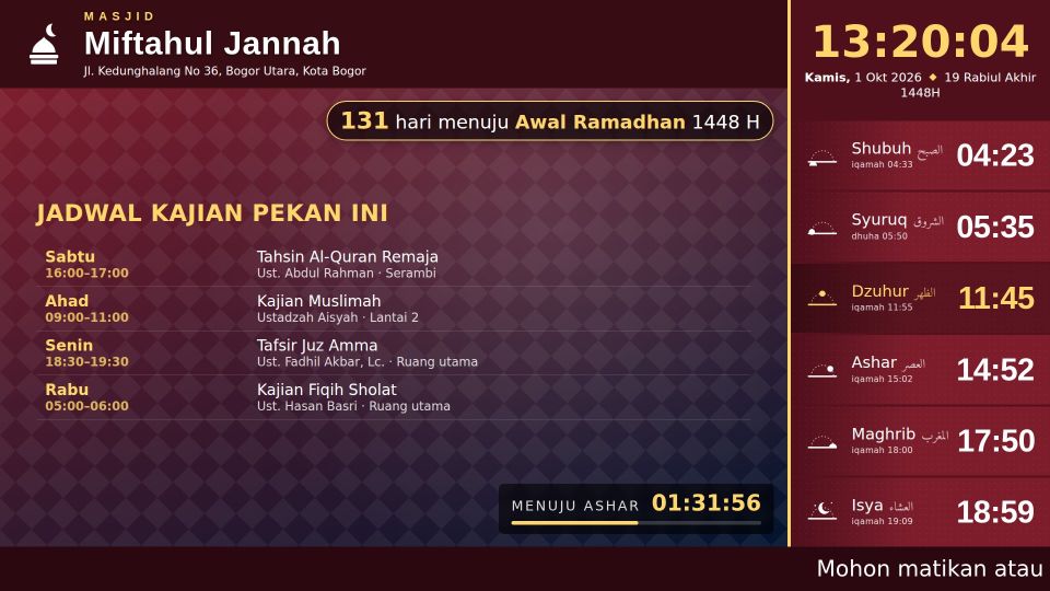 Layar masjid menampilkan jadwal kajian pekan ini